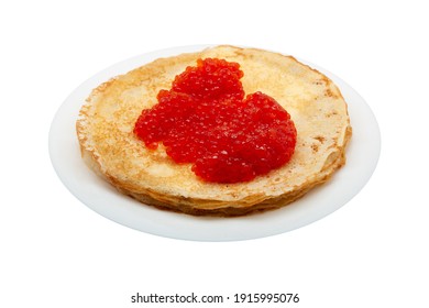 delicious pancakes with red caviar on a white plate isolated on white background for your design or menu creation