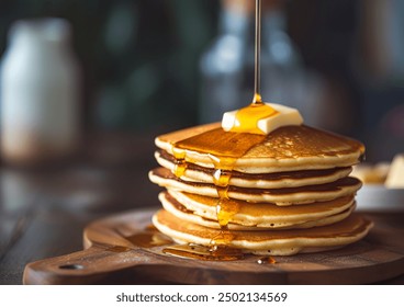 Delicious pancakes stacked high on a plate, topped with fresh berries and syrup, professional food photo captured from an angled view presentation.