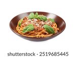 Delicious pasta bolognese with basil isolated on white