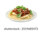 Delicious pasta bolognese with basil isolated on white