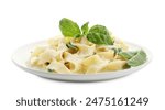 Delicious pasta with green peas and creamy sauce isolated on white