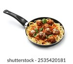 Delicious pasta with meatballs in frying pan isolated on white