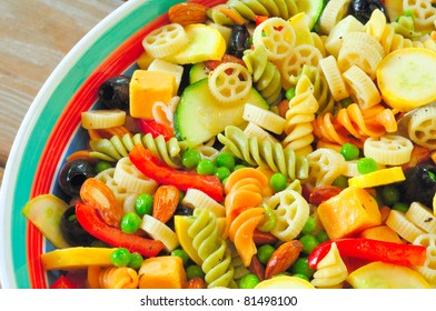 A Delicious Pasta Salad On A Picnic Table - Close Overhead View