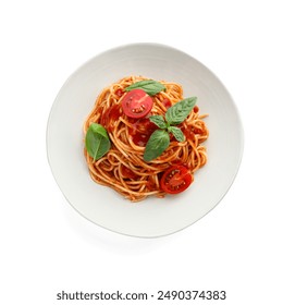 Delicious pasta with tomato sauce and basil in bowl isolated on white, top view