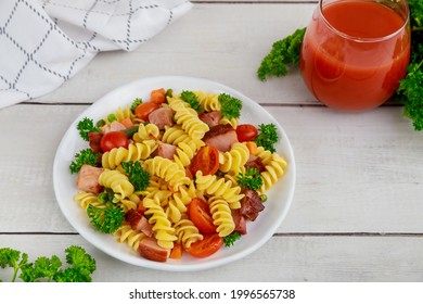 Delicious Pasta With Vegetables And Cut Ham. Top View.