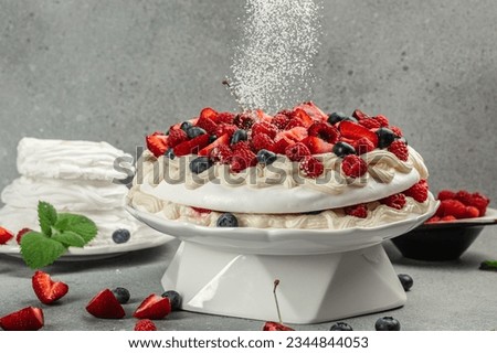 delicious Pavlova cake with fresh strawberry, Restaurant menu, cookbook recipe,