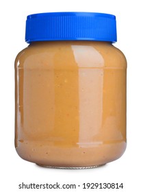 Delicious Peanut Butter In Glass Jar Isolated On White