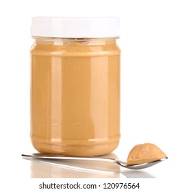 Delicious Peanut Butter In Jar Isolated On White