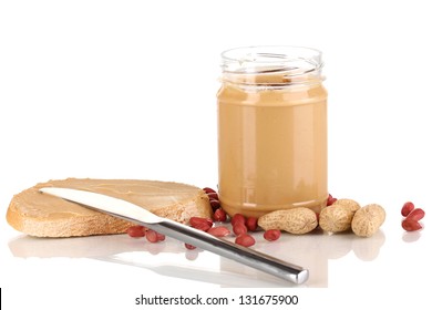 Delicious peanut butter in jar with sandwich isolated on white - Powered by Shutterstock