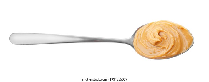 Delicious peanut butter in spoon isolated on white, top view - Powered by Shutterstock