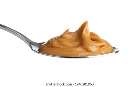 Delicious Peanut Butter In Spoon Isolated On White