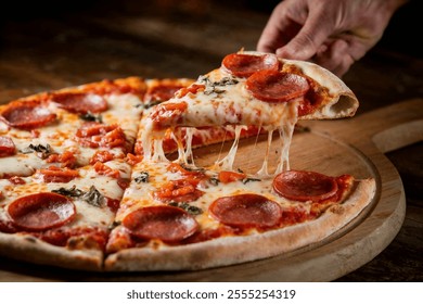 Delicious Pepperoni Pizza Slice Being Lifted From Wooden Board

