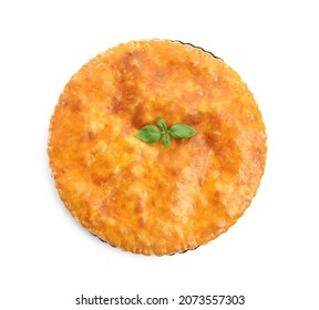 Delicious Pie With Meat And Basil Isolated On White, Top View