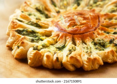 Delicious Pie With Spinach And Ricotta Cheese In The Shape Of A Sunflower