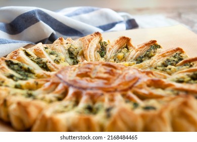 Delicious Pie With Spinach And Ricotta Cheese In The Shape Of A Sunflower.