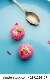 Delicious Pink Chumchum Or Rose Flavour Cham Cham Or Rasgulla Or Rasagola, Rosogola, Rosogolla