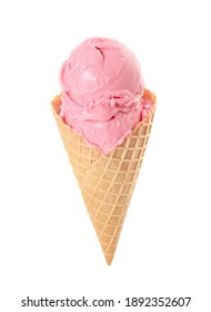 Delicious Pink Ice Cream In Waffle Cone Isolated On White