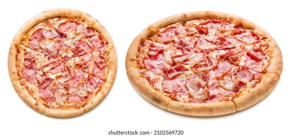 Delicious pizza with bacon, ham, mozzarella and tomato sauce, isolated on white background