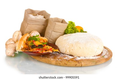 Delicious Pizza, Dough And Vegetables Isolated On White