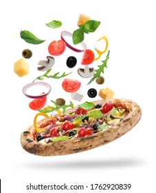 Delicious Pizza With Flying Ingredients On White Background