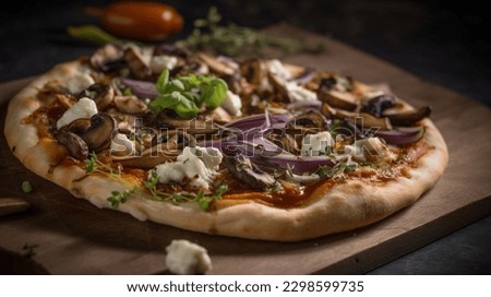 A delicious pizza funghi sits on a rustic wooden table, topped with a generous helping of mushrooms and gooey melted cheese. The crust is perfectly crisp and the aroma of the fresh ingredients is mout