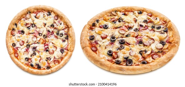Delicious pizza with ham, salami, sausages, mushrooms, mozzarella, olives and tomato sauce, isolated on white background