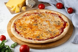 Delicious pizza, Italian pizza on a beautiful plate, pizza with meat, cheese and pepperoni, cheese pizza on a beautiful restaurant background, a Background Photo by usaphoto