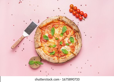Delicious pizza Margherita on color background