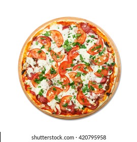 Delicious Pizza With Mushrooms And Smoked Sausages - Thin Pastry Crust At Round Wooden Desk, Isolated At White Background. Italian Food,Top View.