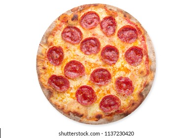 Delicious Pizza With Pepperoni, Cheese And Tomato Sauce. Isolated On White. View From Above.