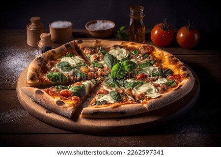 Delicious pizza pepperoni sausages with mozzarella, tomatoes and mushrooms, olives, chicken, cheese. poster or menu. isolated on background. display, whole and side view. flat lay. top view	