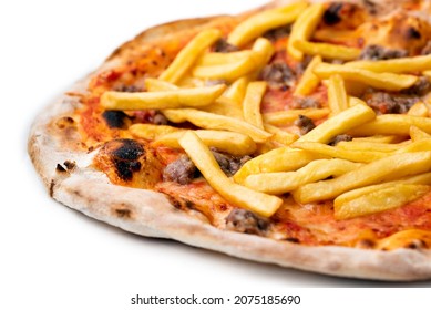 Delicious Pizza With Pork Sausage And Potato Fries 