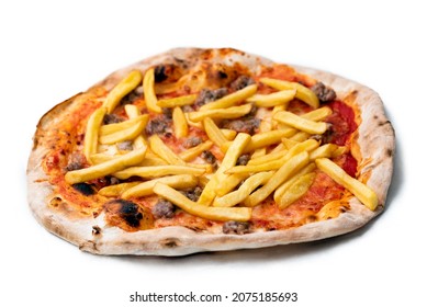 Delicious Pizza With Pork Sausage And Potato Fries 