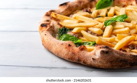 Delicious Pizza With Pork Sausage And Potato Fries