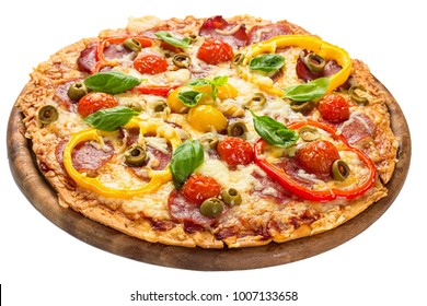 Delicious Pizza Served On Wooden Plate Isolated On White