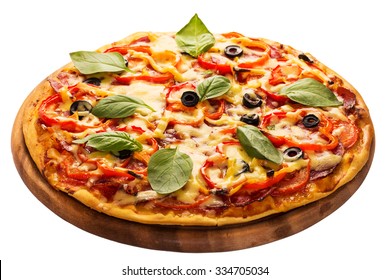 Delicious Pizza Served On Wooden Plate Isolated On White