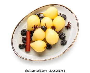Delicious poached pears and prunes in plate on white background