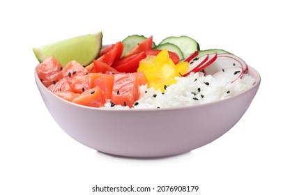 Delicious poke bowl with salmon and vegetables isolated on white