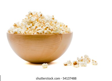 Delicious Popcorn In Bowl Over White Background