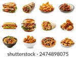 Delicious and popular fast foods menu set, collection. Menu of different fast foods isolated. sandwich, chicken wrap, fried chicken, pizza, ramen noodles, nachos, burrito, hamburger, hotdog. food set.