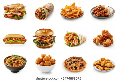 Delicious and popular fast foods menu set, collection. Menu of different fast foods isolated. sandwich, chicken wrap, fried chicken, pizza, ramen noodles, nachos, burrito, hamburger, hotdog. food set. - Powered by Shutterstock