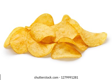 Delicious potato chips, isolated on white background