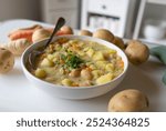 Delicious potato soup with white beans. Homemade vegetarian and healthy food