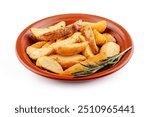 Delicious potato wedges with rosemary lying on a plate on a white background