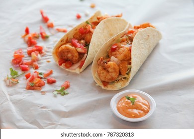 Delicious Prawn Tacos For Two With Condiments And Dip Sauce Chipotle