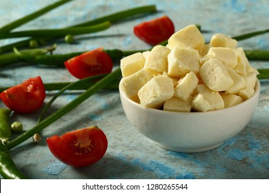 Delicious And Protein Rich Cooking Ingredient, Paneer, Cottage Cheese Cubes. Homemade Healthy Food. 