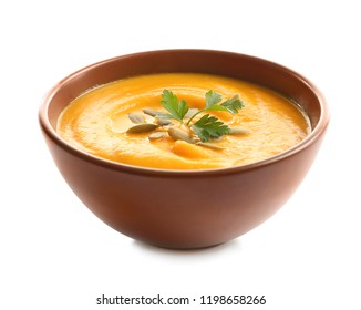 Delicious Pumpkin Cream Soup In Bowl On White Background