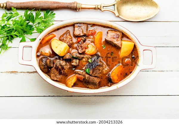 Delicious ragout with beef and mushrooms. Meat\
sauce with veal. Roast with\
mushrooms