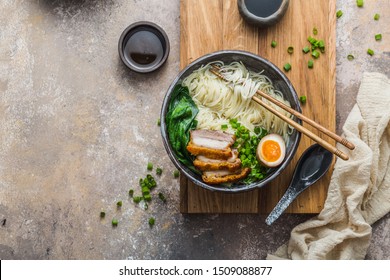 Delicious Ramen Soup With Pork, Egg And Bok Choy, Copy Space