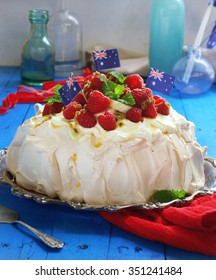 Delicious Raspberry, Banana And Passion Fruit Pavlova For Australia Day. Selective Focus.